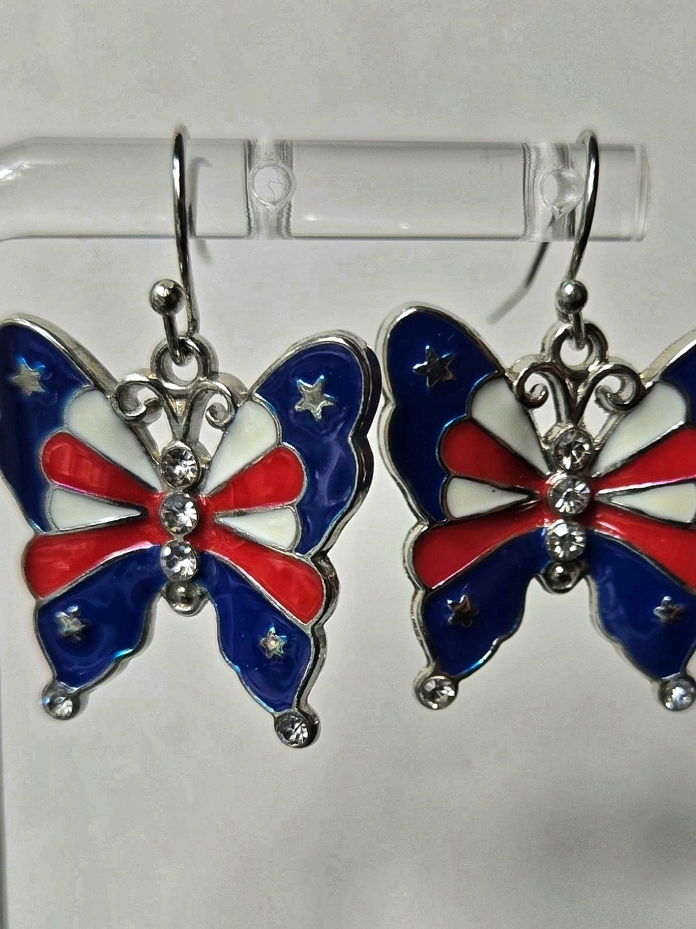 Patriotic Butterfly Dangle Earrings - Red, White & Blue - Picture 6 of 6